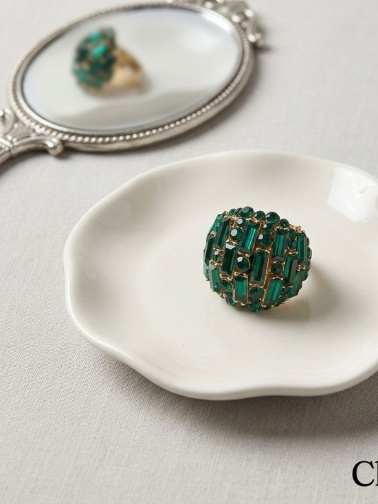 Jewelry - Adjustable Cocktail Ring w/Domed Cluster of Emerald Green Baguettes & Crystals.